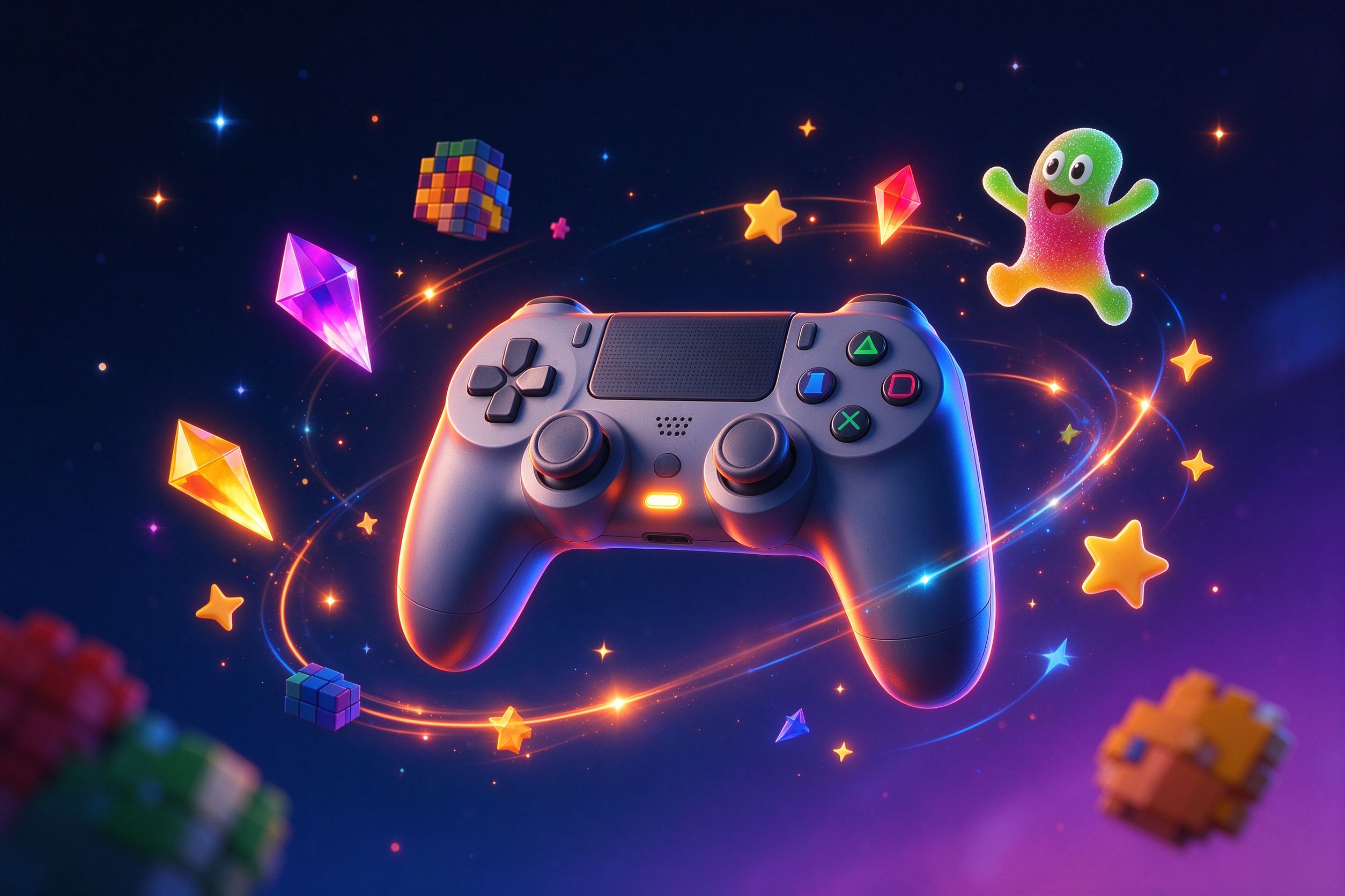 Game controller surrounded by colorful game elements