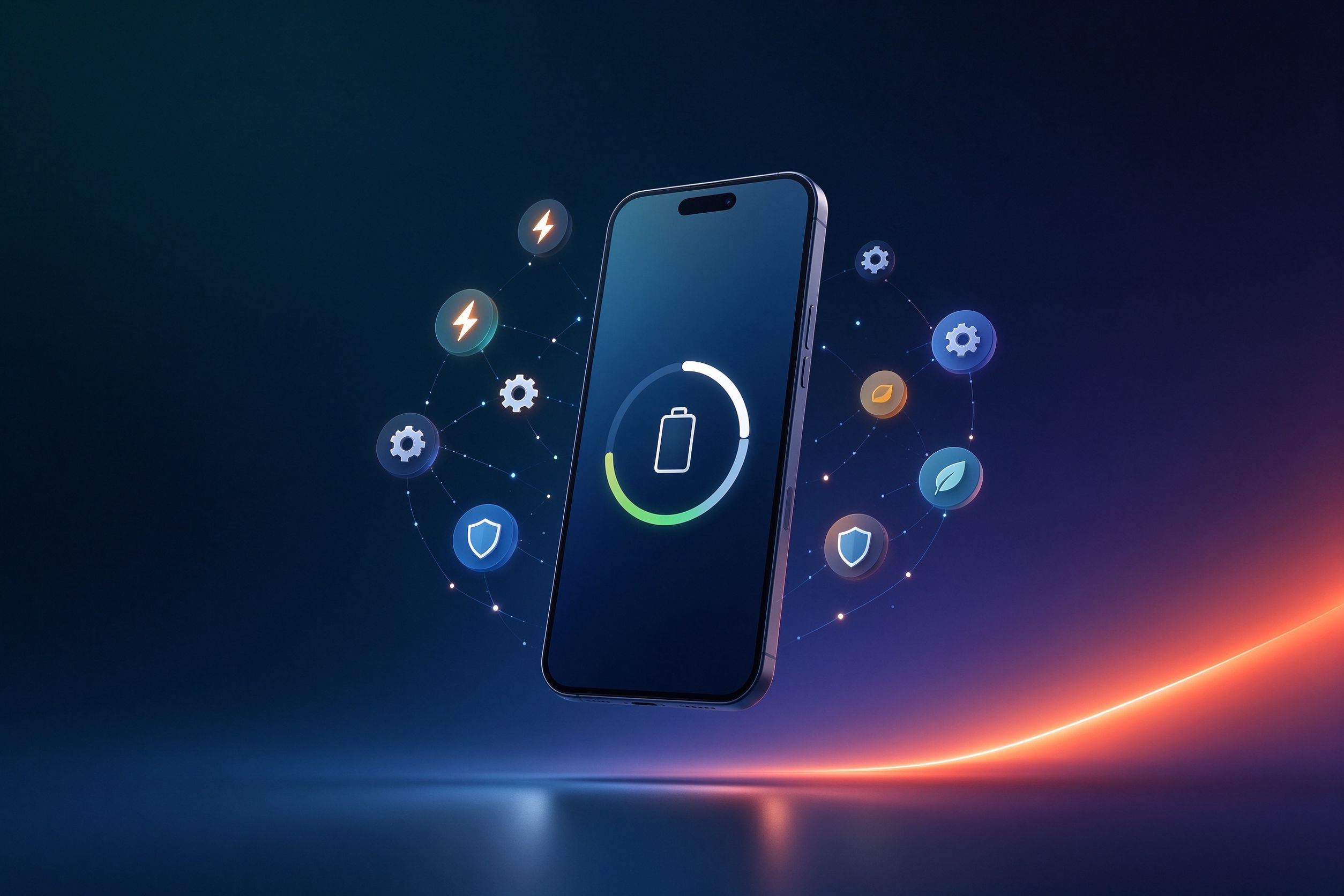 Utility app floating with functional icons around a smartphone