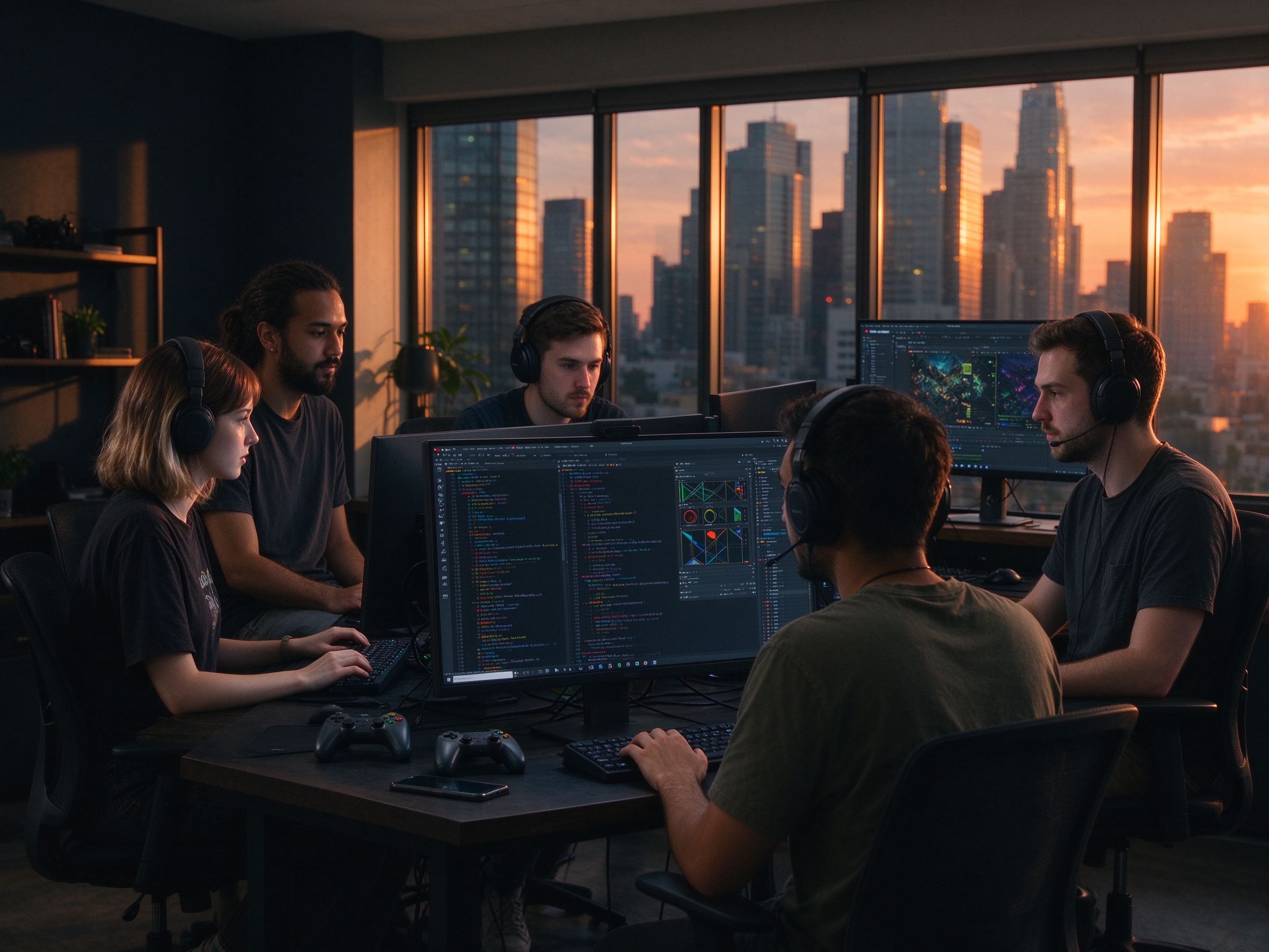 Developers working together in a studio at dusk